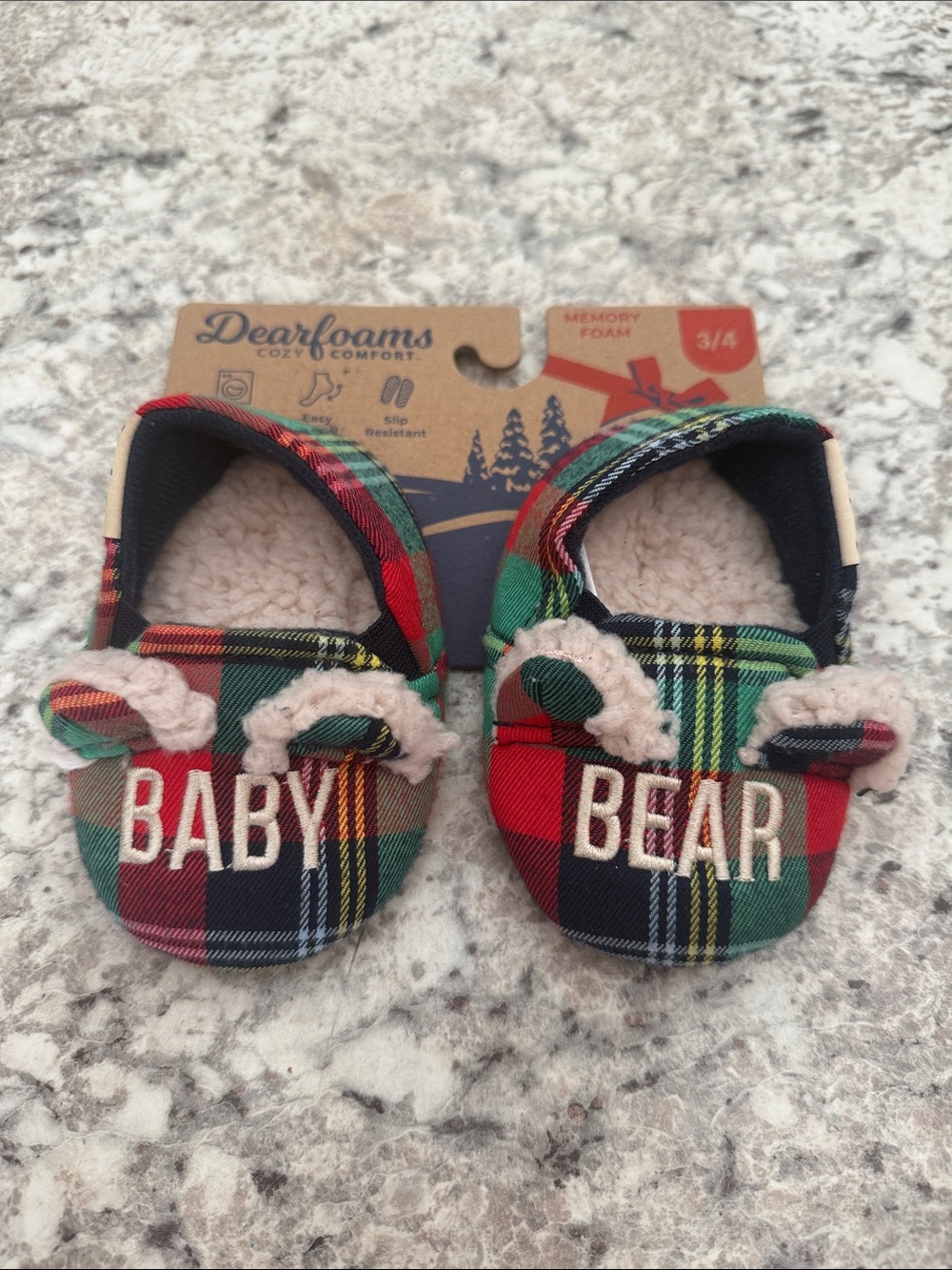 dearfoams Plaid 'Baby Bear' Memory Foam Baby Walker Slippers - Red & Green
